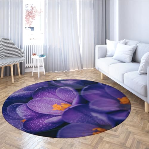 MOKOSAISE Lila Blumen waschbar Rutschfester runder Teppich tropischer botanischer moderner floraler runder Teppich für Cafe Schlafzimmer Esszimmer Dekor 244cm（Runden） von MOKOSAISE