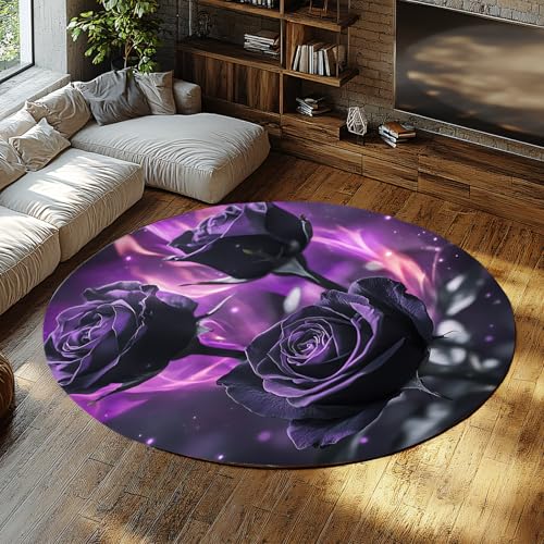 MOKOSAISE Lila Rosen Rutschfester runder Teppich Bunte Blumen waschbarer Kreisteppich für Foyer Eingangsbereich Schlafzimmer Zuhause Esszimmer Cafe Dekor 91cm（Runden） von MOKOSAISE