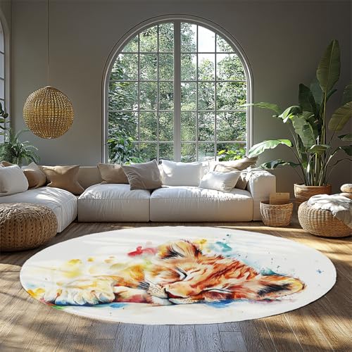 MOKOSAISE Löwe Aquarell Muster Waschbarer Kreis Teppich Niedliches Tier rutschfeste runde Fläche Teppiche für Wohnzimmer Esszimmer Schlafzimmer Wohnkultur 91cm（Runden） von MOKOSAISE