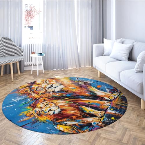MOKOSAISE Löwe Paar Runde Fläche Teppich Tierwelt Waschbar Weicher Rutschfester runder Teppich Foyer Wurfmatte für Schlafzimmer Kinderzimmer Küche Eingangsbereich Dekor 91cm（Runden） von MOKOSAISE