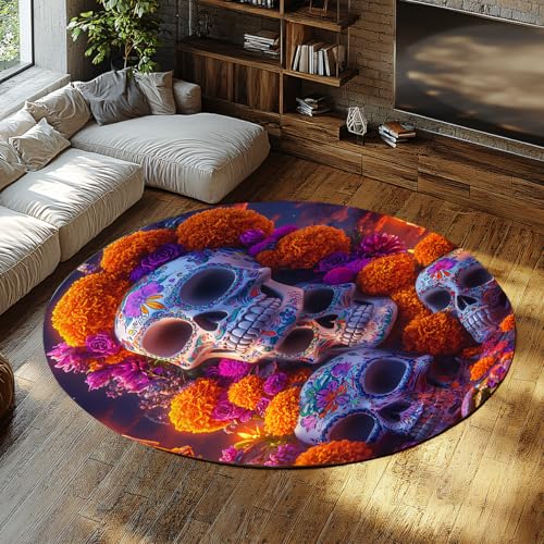 MOKOSAISE Mexikanischer Tag der Toten waschbarer runder Teppich Zucker Totenkopf Kerzen Ringelblumen Rutschfester Kreis Teppich für Schlafzimmer Wohnzimmer Küche Dekor 213cm（Runden） von MOKOSAISE