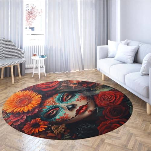 MOKOSAISE Mexikanischer Zuckerschädel Frau Kreis Bereich Teppich Bunte Blumen rutschfest Waschbar Weicher Runder Teppich für Zuhause Wohnen Schlafzimmer Esszimmer Dekor 244cm（Runden） von MOKOSAISE