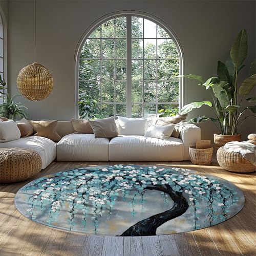 MOKOSAISE Moderner Abstrakter weicher abwaschbarer Flächenteppich Bunte Blumen Baum Rutschfester Teppich für Schlafzimmer Wohnzimmer Eingangsbereich Büro Küche Dekor 91cm（Runden） von MOKOSAISE