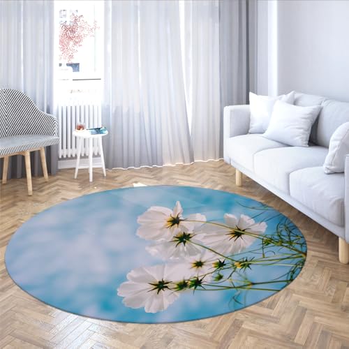 MOKOSAISE Moderner floraler waschbarer runder Teppich weiße Blume Rutschfester Kreisteppich für Wohn-Esszimmer-Schlafzimmer-Schlafzimmer-Eingangsbereich Büro-Dekor 213cm（Runden） von MOKOSAISE