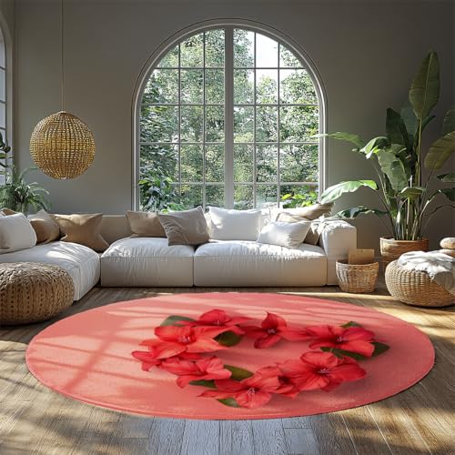MOKOSAISE Moderner floraler weicher runder Teppich rosa Blumen Liebe Herz niedrigfloriger waschbarer Kreisteppich für Living Cafe Schlafzimmer Büro Dekor 183cm（Runden） von MOKOSAISE
