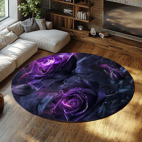 MOKOSAISE Mystische Rose waschbare runde Teppiche lila Blumen Vintage Rutschfester Kreis Teppich für Eingangsbereich Wohnzimmer Schlafzimmer Wohnkultur 91cm（Runden） von MOKOSAISE
