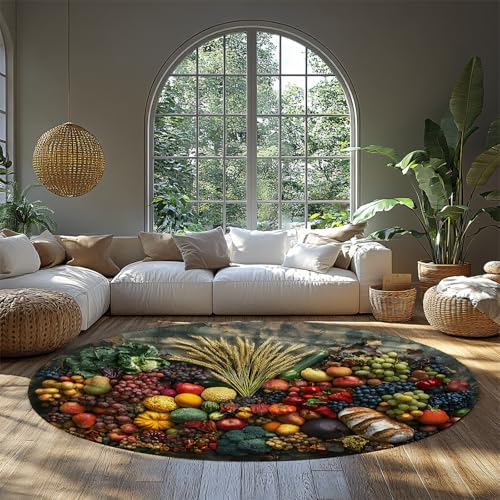 MOKOSAISE Obst und Gemüse waschbarer runder Teppich leckeres Essen Rutschfester weicher Kreisteppich für Esszimmer Heimküche Wohnkultur 91cm（Runden） von MOKOSAISE