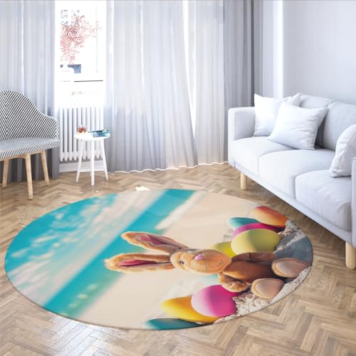 MOKOSAISE Ostern weicher runder Teppich Strand Hase Rutschfester niedrigfloriger waschbarer runder Teppich für Wohnzimmer Schlafzimmer Küche Esszimmer Wohnkultur 91cm（Runden） von MOKOSAISE