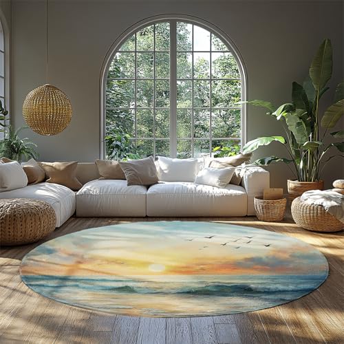 MOKOSAISE Ozean Sonnenaufgang Meer Runde Fläche Teppich Strand Möwe Kreis Teppich für Wohnen Büro Esszimmer Schlafzimmer Zuhause Kaffee Dekor 91cm(runden) von MOKOSAISE