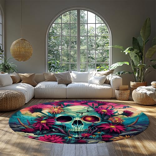 MOKOSAISE Ringelblume Zucker Totenköpfe runder Teppich Bunte Blume Skelett niedrigfloriger Kreis Teppich für Küche Wohnzimmer Schlafzimmer Schlafzimmer Wohnkultur 61cm(runden) von MOKOSAISE