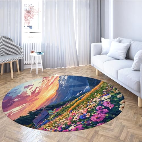 MOKOSAISE Romantische Naturlandschaft Kreis Bereich Teppich Wildblume Cottage Berg Weicher runder Teppich für Schlafzimmer Esszimmer Wohnzimmer Wohnkultur 152cm（Runden） von MOKOSAISE