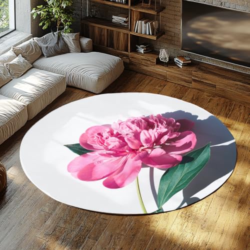MOKOSAISE Romantische rosa Blumen waschbarer Boho runder Teppich ästhetische Pfingstrose botanisch weicher Rutschfester runder Teppich für Schlafzimmer Cafe Wohnkultur 213cm（Runden） von MOKOSAISE