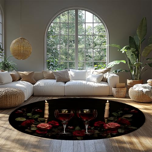 MOKOSAISE Romantische waschbare kreisförmige Teppiche rote Blumen Rose Rutschfester niedriger Flor runder Teppich für Schlafzimmer Eingangsbereich Büro Esszimmer Wohnkultur 61cm（Runden） von MOKOSAISE
