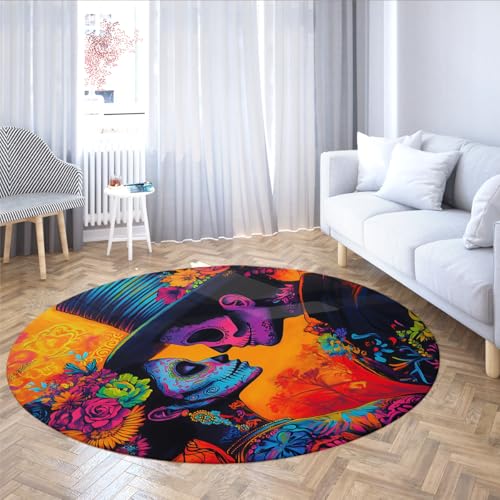 MOKOSAISE Romantisches Skelett rutschfestes Paar runder Teppich Gothic Schädel waschbare Rose Blume Kreis Teppich für Esszimmer Foyer Schlafzimmer Korridor Dekor 244cm（Runden） von MOKOSAISE