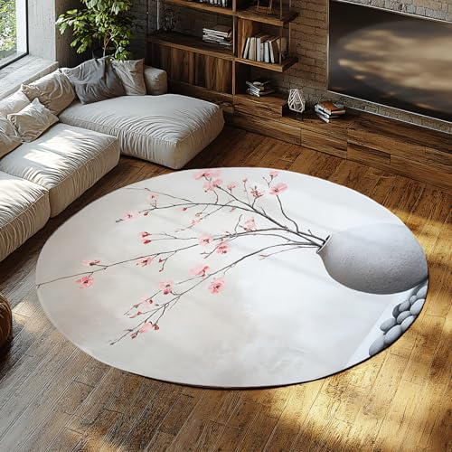 MOKOSAISE Rosa Blumen und Vase Runder Bereich Teppich Ruhe und Entspannung Kreis Teppich für Zuhause Wohnzimmer Schlafzimmer Büro Esszimmer Dekor 61cm（Runden） von MOKOSAISE