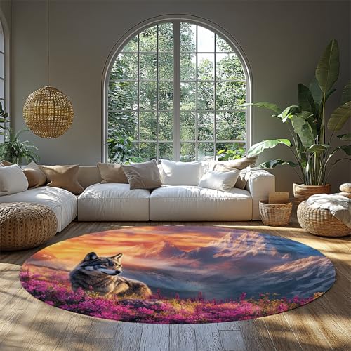 MOKOSAISE Rosa Blumenfeld waschbarer runder Teppich Wildwolf Tiere niedrigfloriger runder Teppich für Wohnzimmer Schlafzimmer Büro Arbeitszimmer Wohnkultur 213cm（Runden） von MOKOSAISE