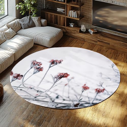 MOKOSAISE Rote Blumen moderner Rutschfester niedriger Flor runder Flächenteppich Winter Schnee Szene weicher abwaschbarer Kreisteppich für Wohnzimmer Schlafzimmer Dekor 183cm（Runden） von MOKOSAISE