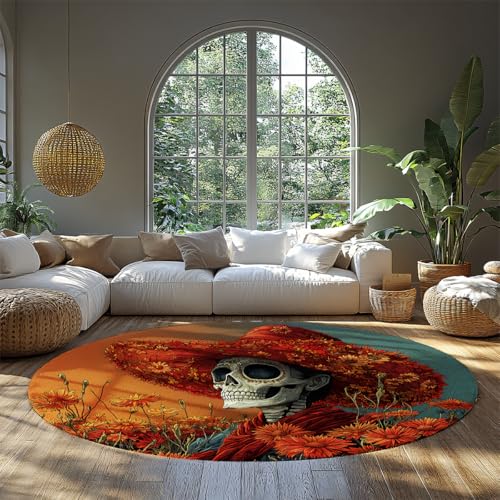 MOKOSAISE Rustikale Totenkopf Blumen Weicher runder Bereich Teppich Bunte Ringelblumen Vintage Skelett Kreis Teppich für Schlafzimmer Wohnküche Wohnkultur 213cm（Runden） von MOKOSAISE