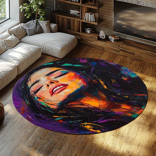 MOKOSAISE Schöne Frau Rutschfester niedriger Flor Runder Teppich Abstrakter Porträt waschbarer Kreisteppich für Schlafzimmer Badezimmer Eingangsbereich Büro Wohnkultur 61cm（Runden） von MOKOSAISE