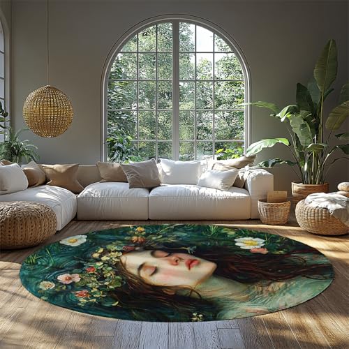 MOKOSAISE Schöne Frau waschbarer runder Teppich Bunte Blumen weicher Rutschfester Kreisteppich für Eingangsbereich Wohnzimmer Schlafzimmer Wohnkultur 61cm（Runden） von MOKOSAISE
