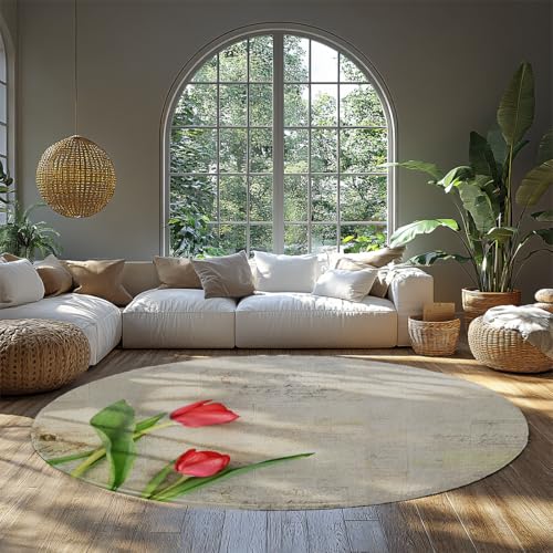 MOKOSAISE Schöne Nelken Runde Fläche Teppich Romantische Rosa Rote Blumen Großer waschbarer Kreis Teppich für Schlafzimmer Küche Zuhause Esszimmer Dekor 213cm（Runden） von MOKOSAISE