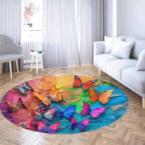 MOKOSAISE Schöne Schmetterling waschbare Kreisteppiche Cartoon Regenbogenfarbe Tiere Runde Fläche Teppiche für Wohnzimmer Esszimmer Eingang Nachttisch 91cm（Runden） von MOKOSAISE