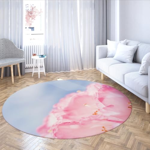 MOKOSAISE Schöne rosa Blumen runder waschbarer Teppich romantische Ästhetik weicher großer Rutschfester Kreisteppich für Esszimmer Schlafzimmer Wohnkultur 183cm（Runden） von MOKOSAISE