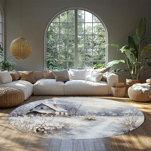 MOKOSAISE Schöner verschneiter niedriger Flor Kreis Teppich Winter Land waschbarer runder Teppich für Wohnen Zuhause Studium Esszimmer Schlafzimmer Cafe Küche Dekor 183cm（Runden） von MOKOSAISE