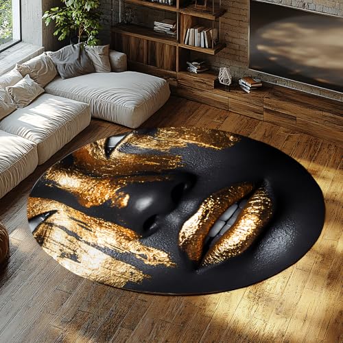 MOKOSAISE Schwarz und Gold Portrait Rutschfester waschbarer Kreis Teppich Abstrakte Frau Runde Fläche Teppiche für Schlafzimmer Küche Cafe Esszimmer Wohnkultur 61cm（Runden） von MOKOSAISE