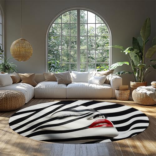MOKOSAISE Schwarz und weiß Streifen Rutschfester Kreis Teppich Schönes Frauengesicht Abstrakter weicher waschbarer runder Teppich für Eingangsbereich Schlafzimmer Wohnzimmer Café 61cm（Runden） von MOKOSAISE