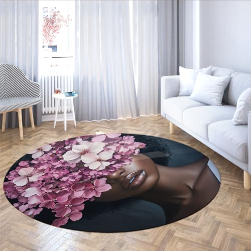 MOKOSAISE Schwarze Frau Waschbarer runder Teppich Rosa Blumen Rutschfester weicher großer Wurf Kreis Teppich für Wohnzimmer Schlafzimmer Küche Cafe Dekor 61cm（Runden） von MOKOSAISE