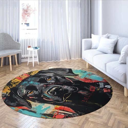 MOKOSAISE Schwarzer Hund Portrait waschbare runde Teppiche Tier Graffiti Kreis Rutschfester Teppich für Wohnzimmer Schlafzimmer Eingangsbereich Kinderzimmer Küche Dekor 91cm（Runden） von MOKOSAISE