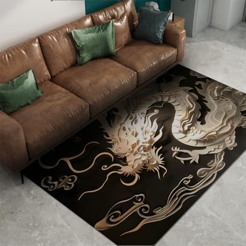 MOKOSAISE Schwarzer Teppich für Wohnzimmer Kinderzimmer Küche Dekor Chinesischer Drache Fliegende Glückverheißende Wolke Rutschfester niedriger Florflur Flur Dünner Teppich 100x200cm von MOKOSAISE