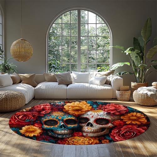 MOKOSAISE Skelett Paar Ringelblume Runde Fläche Teppich Mexikanischer Zucker Schädel Blume Rutschfester Kreis Teppich für Küche Schlafzimmer Wohnzimmer Wohnkultur 244cm（Runden） von MOKOSAISE