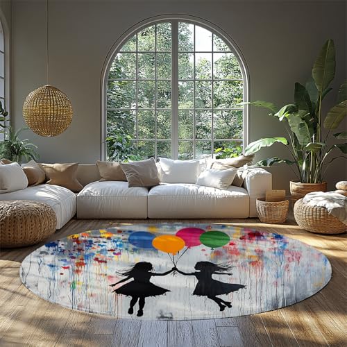 MOKOSAISE Street Graffiti Bunte Runde Fläche Teppiche Ballon Waschbar Weicher Rutschfester Kreis Teppich für Büro Schlafzimmer Wohnzimmer Esszimmer Dekor 183cm（Runden） von MOKOSAISE