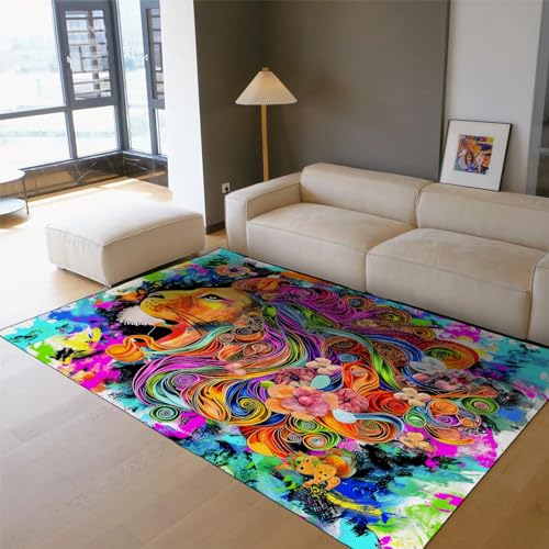 MOKOSAISE Street Graffiti Stil Teppich für Wohnzimmer Schlafzimmer Wohnkultur Bunte Cartoon Löwe Blumen Rutschfester niedriger Flor Indoor Dünner Teppich 100x150cm von MOKOSAISE