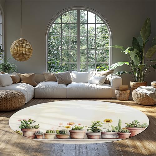 MOKOSAISE Sukkulenten Weicher Kreis Bereich Teppich Grün Kaktus Gelb Blumen Runder Teppich für Esszimmer Schlafzimmer Zuhause Küche Büro Studie Dekor 213cm（Runden） von MOKOSAISE