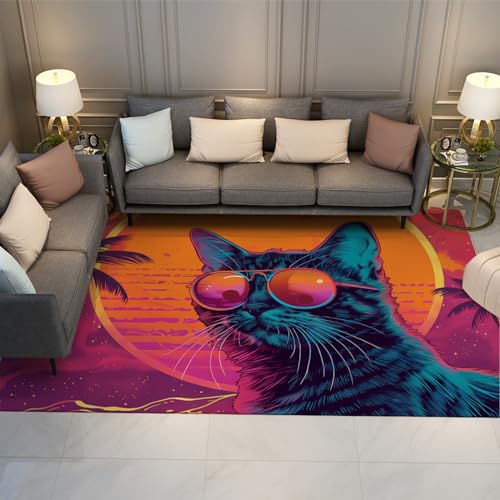 MOKOSAISE Surrealismus Teppich für Wohnzimmer Schlafzimmer Küche Dekor Coole Sonnenbrille und süße Katzen Rutschfester Flauschiger niedriger Flor Outdoor Dünner Teppich 100x150cm von MOKOSAISE