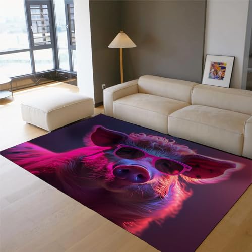 MOKOSAISE Teppich im Cyberpunk-Stil für Wohnzimmer Schlafzimmer Küche Dekor EIN süßes und stilvolles Schwein trägt Sonnenbrille Rutschfester dünner Teppich mit niedrigem Flor 80x150cm von MOKOSAISE