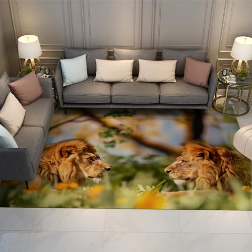 MOKOSAISE Tier Großer Teppich für Wohnzimmer Schlafzimmer Küche Dekor Zwei Löwen im Dschungel rutschfest Flauschig Spielzimmer Dünner Teppich 100x150cm von MOKOSAISE