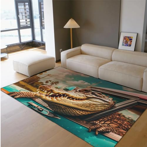 MOKOSAISE Tier Teppich für Wohnzimmer Schlafzimmer Küche Dekor Cyberpunk Stil Coole Sonnenbrille Krokodil rutschfest Low Flor Kinderzimmer Dünner Teppich 180x300cm von MOKOSAISE