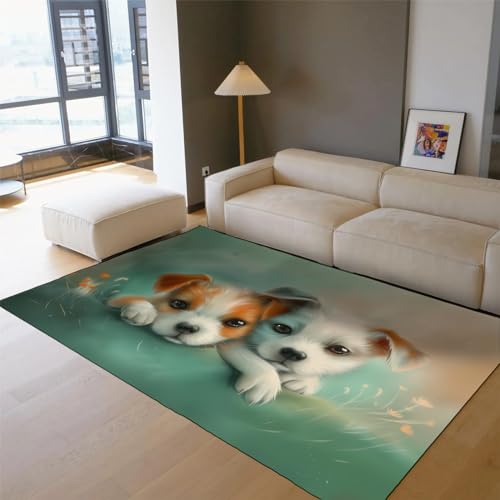 MOKOSAISE Tierteppich für Wohnzimmer Kinderzimmer Küchendekoration Dumme und niedliche Haustiere Zwei kleine Hunde Rutschfester Niederflor Spielzimmer Dünner Teppich 140x200cm von MOKOSAISE