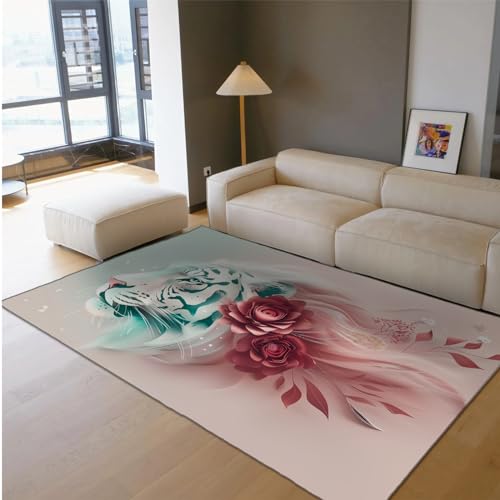 MOKOSAISE Tierteppich für Wohnzimmer Schlafzimmer Küche Dekor EIN majestätischer Tiger mit Blumen Rutschfester niedriger Flor Klassenzimmer Dünner Teppich Waschbar 180x300cm von MOKOSAISE