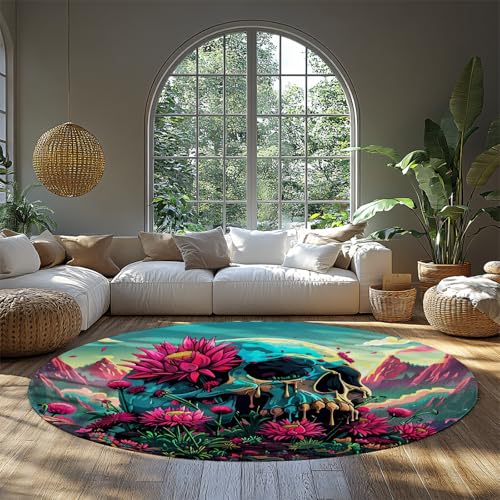 MOKOSAISE Totenköpfe Blumen Runde Fläche Teppich Weich Bunt Ringelblume niedrigfloriger runder Teppich für Wohnzimmer Küche Schlafzimmer Kinderzimmer Esszimmer Dekor 91cm(runden) von MOKOSAISE