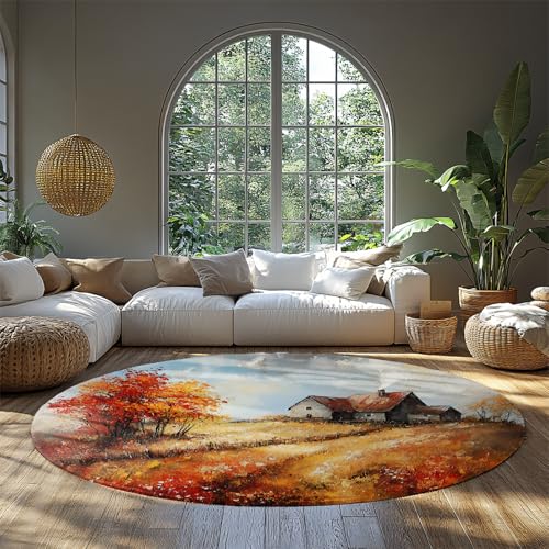 MOKOSAISE Traumhafte Dorflandschaft waschbare runde Teppiche Herbst Ahornblatt weicher Rutschfester Kreisteppich für Eingangsbereich Esszimmer Schlafzimmer Foyer Dekor 152cm（Runden） von MOKOSAISE
