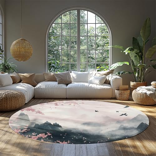 MOKOSAISE Traumhafte Kirschblüten Runde Fläche Teppich Japanische Landschaft Waschbare Kreise Teppich für Büro Schlafzimmer Zuhause Wohnzimmer Arbeitszimmer Dekor 61cm（Runden） von MOKOSAISE