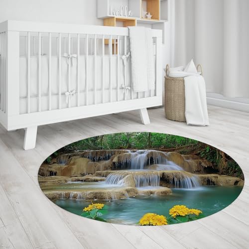 MOKOSAISE Tropischer runder Teppich Blume waschbar weicher Rutschfester runder Teppich Foyer Wurfmatte für Kinderzimmer Küche Eingangsbereich Wohndekoration 91cm（Runden） von MOKOSAISE