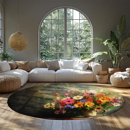 MOKOSAISE Vintage-Blumen weiche rutschfeste runde Teppiche bunter rustikaler Blumen waschbarer Kreisteppich für Schlafzimmer Büro Esszimmer Küche Dekor 61cm（Runden） von MOKOSAISE