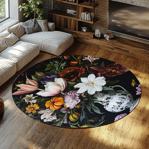 MOKOSAISE Vintage Blumenpflanze Runder Teppich Bunte Blumenvasen Kreis Teppich für Schlafzimmer Kinderzimmer Zuhause Esszimmer Cafe Wohnzimmer Küche Dekor 244cm（Runden） von MOKOSAISE