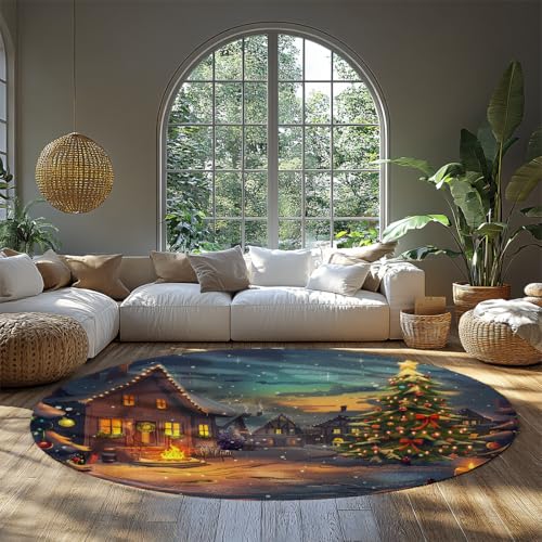 MOKOSAISE Vintage Weihnachten Weicher waschbarer kreisförmiger Teppich Niederflor Cottage Kiefer Baum Runder Teppich für Wohnzimmer Schlafzimmer Ferienhaus-Dekor 213cm（Runden） von MOKOSAISE